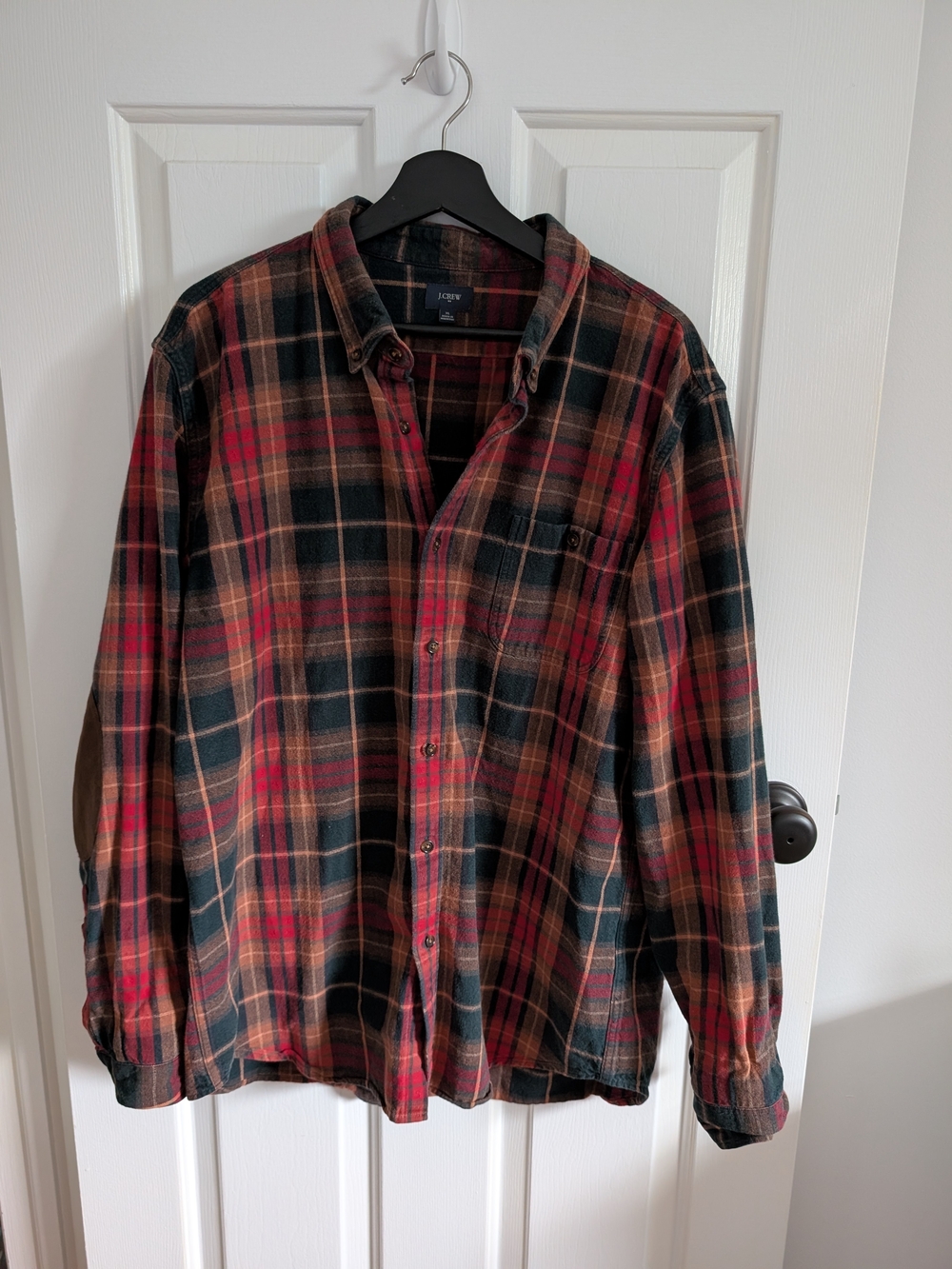 J Crew Men's Black Brown Red Cotton Elbow Patch Plaid Button-Down Shirt Size XL
